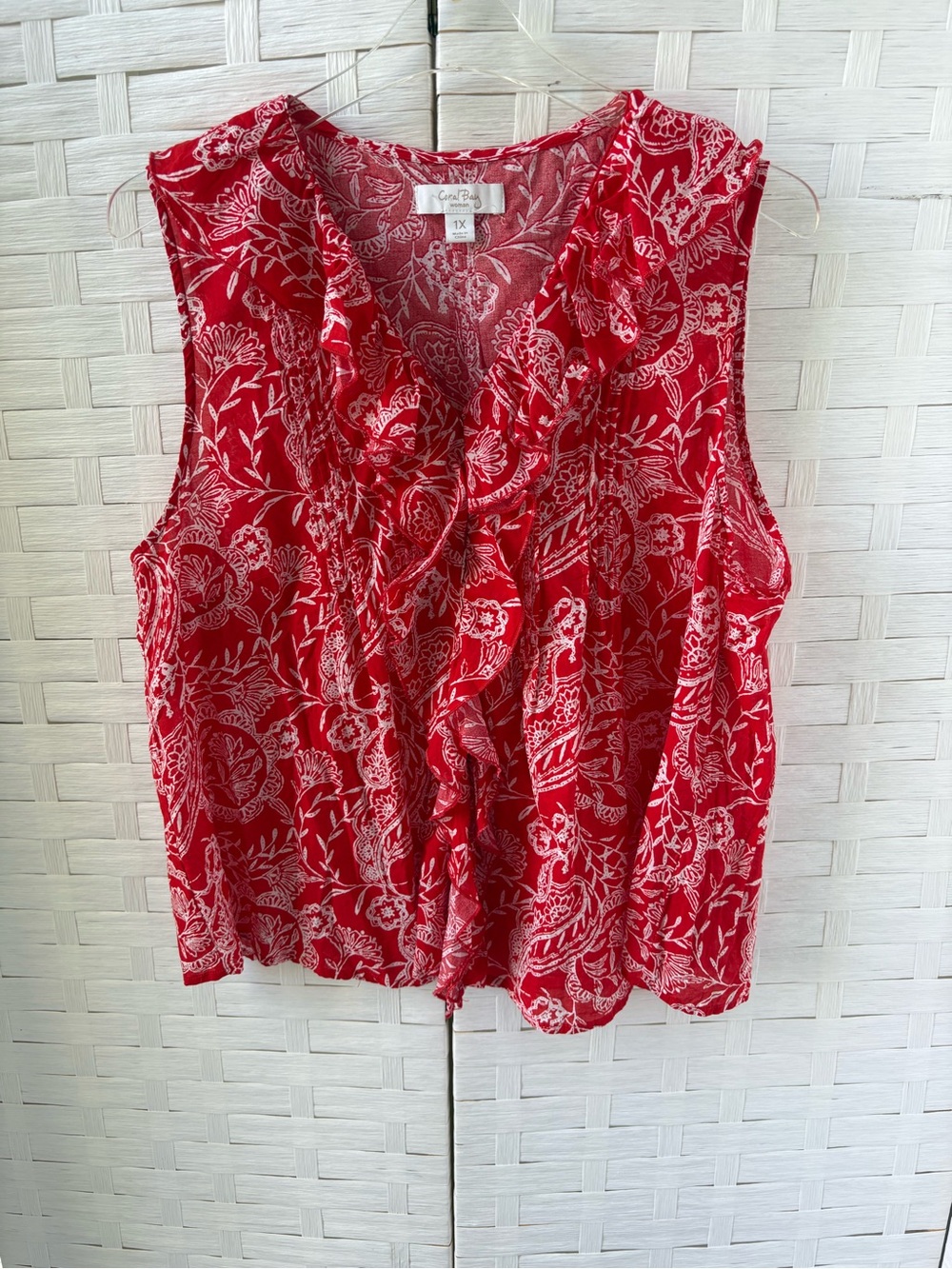 Coral Bay Size 1X Button Up Red Floral Ruffle Sleeveless Cotton Blouse Cruise